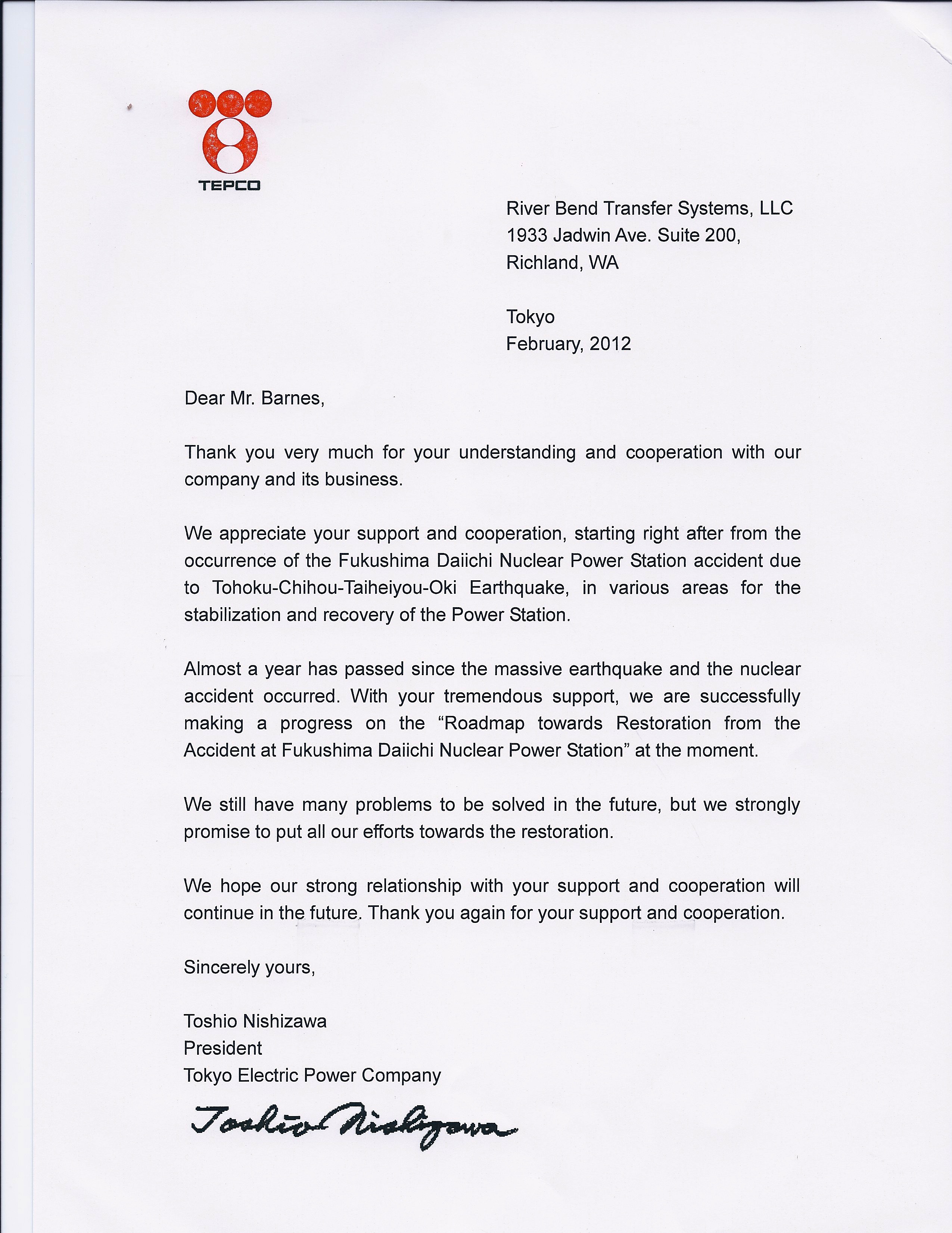 TEPCO Appreciation Letter